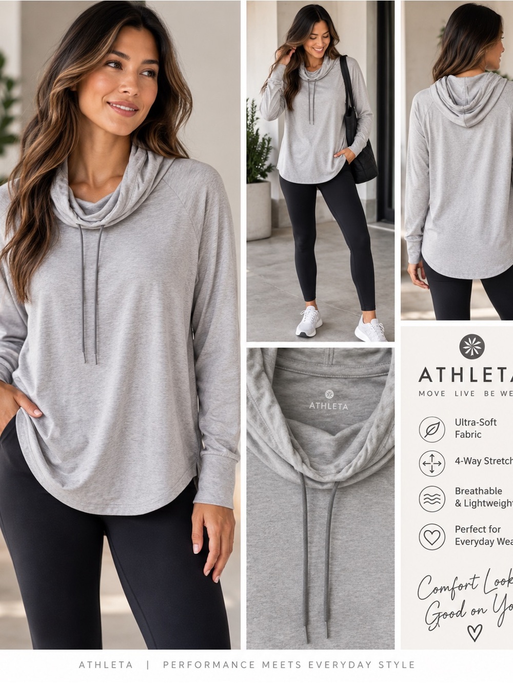 Athleta Light Gray Cowl-Neck Pullover Hoodie Large Tall